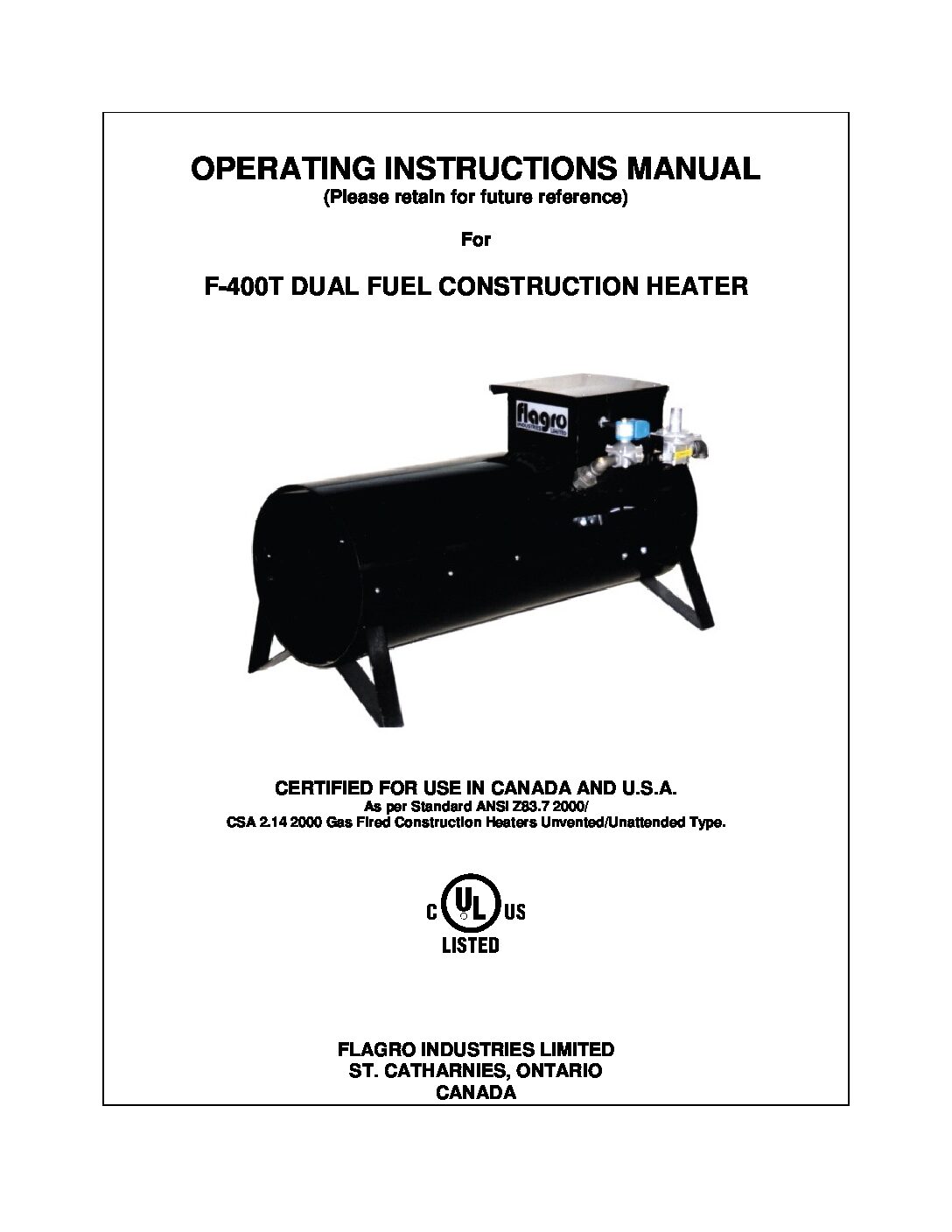 Flagro FLF400T Dual Fuel Direct Fired Heater